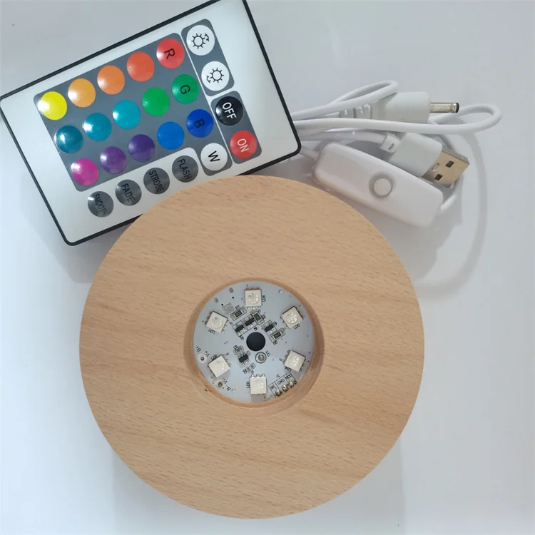 Wholesale round RGB USB cable touch switch remote control battery compartment wooden lamp base crystal bracket
