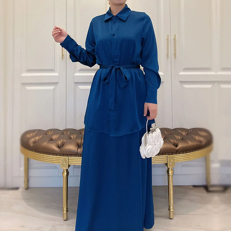 Костюм из 2 предметов атласной шелковой ткани Co Ord мусульманская одежда длинная футболка на пуговицах юбка с карманами робоя Дубая Kurung