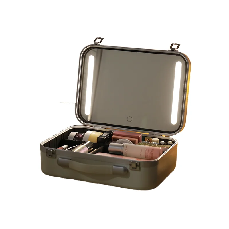 Vanity box portable with light and mirror intelligent 12-inch tempered mirror small large-capacity cosmetic bag