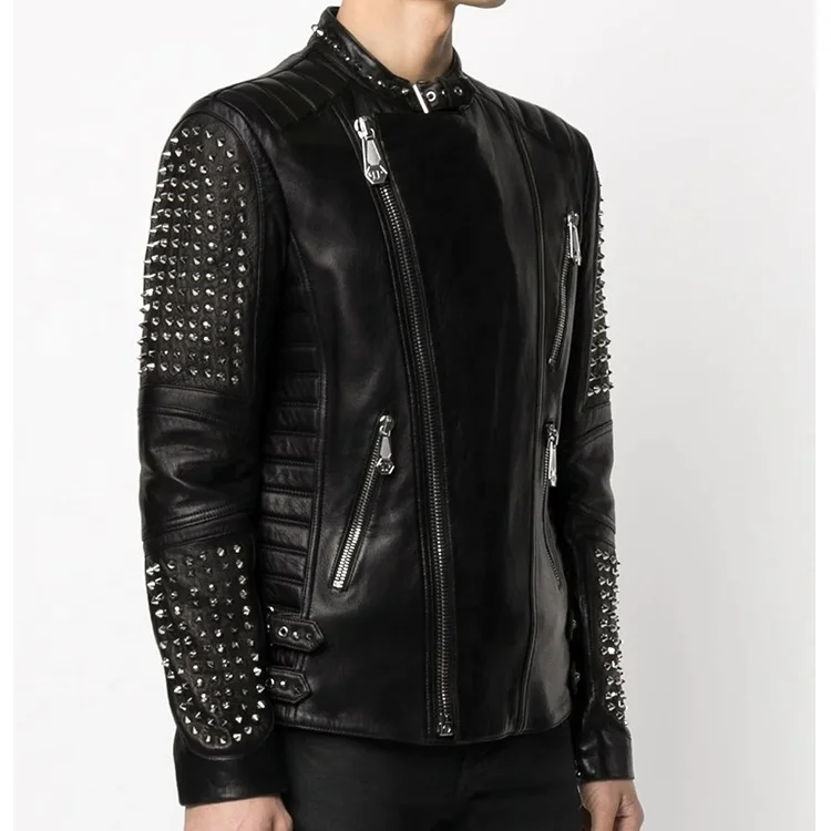 Custom 2022 Men Black Front Zipped Fastening Studded Leather Biker Jacket