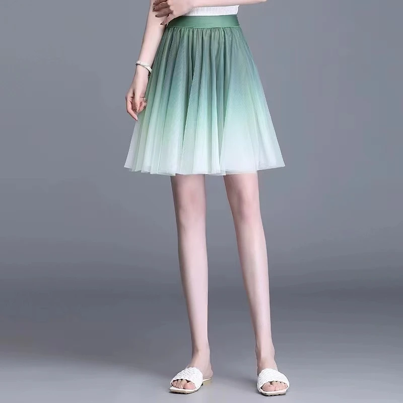 Tulle Skirt Women Elegant High Waist A-line Pleated Gradient Color Adult Women Mesh Ballet Skirts