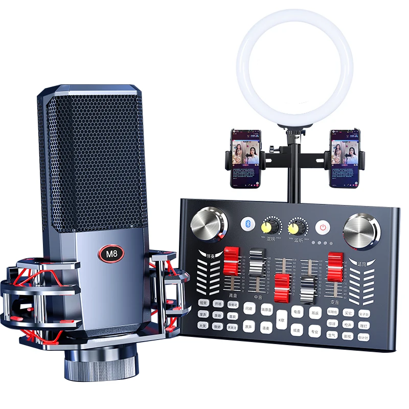 Kinscoter Foldable Mic Condenser Microphone Studio V18 Sound Card M8 Microphone With Sound Recording Arm Stand Filter