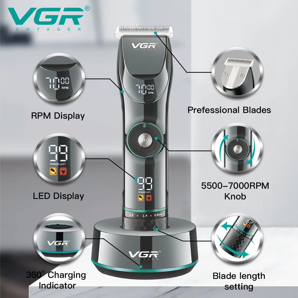 VGR V-256 Adjustable Barber Shop Hair Clippers Professional Rechargeable Trimmer for Men With USB Charging Base