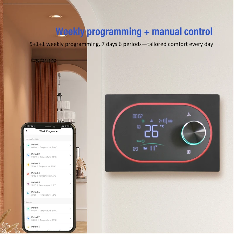 Tuya WiFi Smart Thermostat for Wall-Mounted 3 Speed Temperature Controller for Central Air Conditioner Fan Coil Unit HVAC