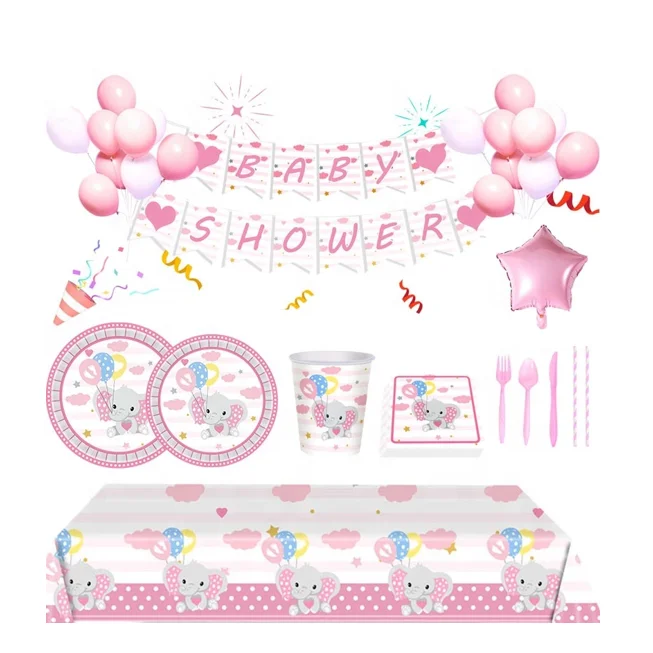 Baby Shower Tableware Pink Set for Baby Girl Birthday Party Set Baby Shower Elephant Party Supply
