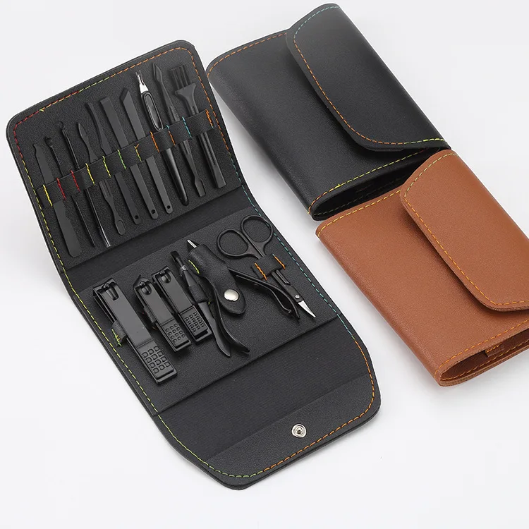 16Pcs High Quality Black Nail Scissors Grooming Kit Professional Manicure & Pedicure Set