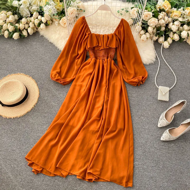 Vestido осень шикарные повседневные платья с длинными рукавами для женщин девушек элегантное французский в ретро-стиле квадратным вырезом буффами на рукавах длинное платье
