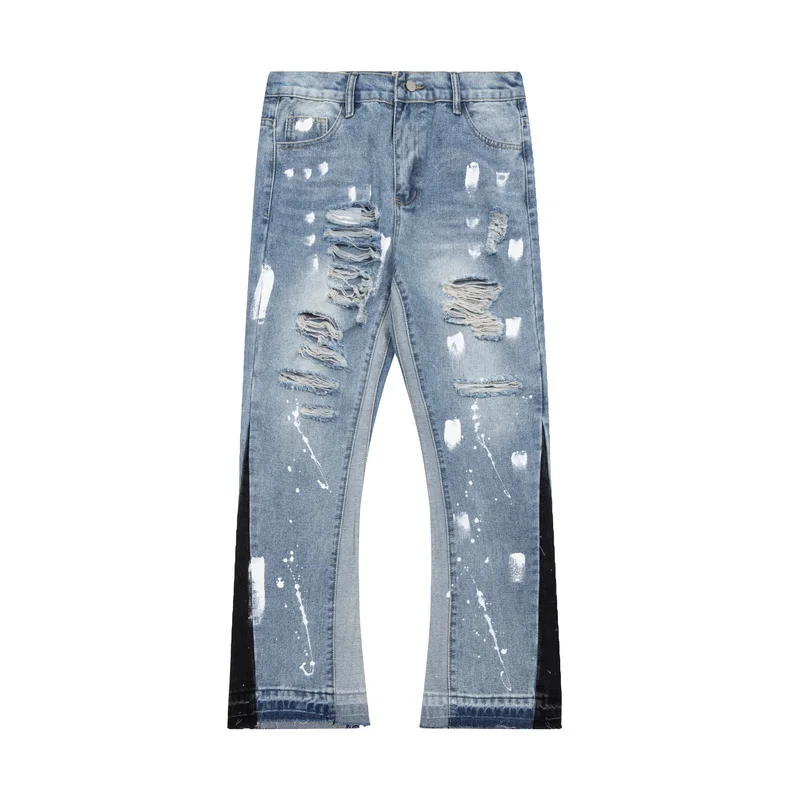 Fashion Gallery Hip Hop Retro Straight Flare Distressed Jeans Patchwork Denim Wide Leg Loose Pants For Men