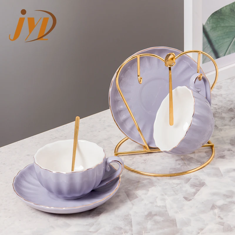 Elegant Gold Rim European Turkish Party White Pink Purple Color Porcelain Coffee Tea Cups And Saucer Set