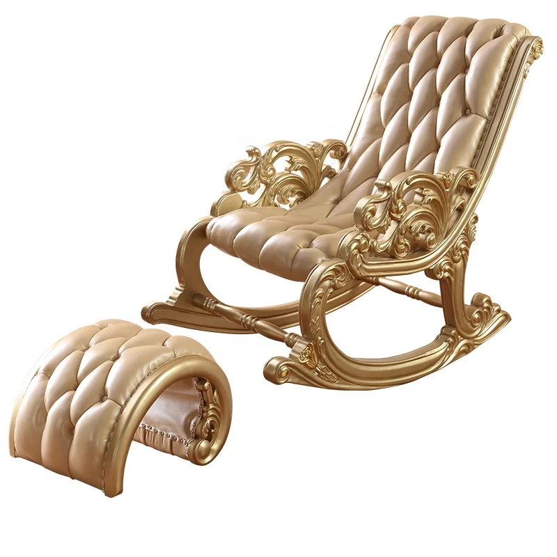 Antique Home Furniture Factory Sells Solid Wood Carved Leather Rocking Chair with Ottoman in Optional Rotary Chairs Paint Color