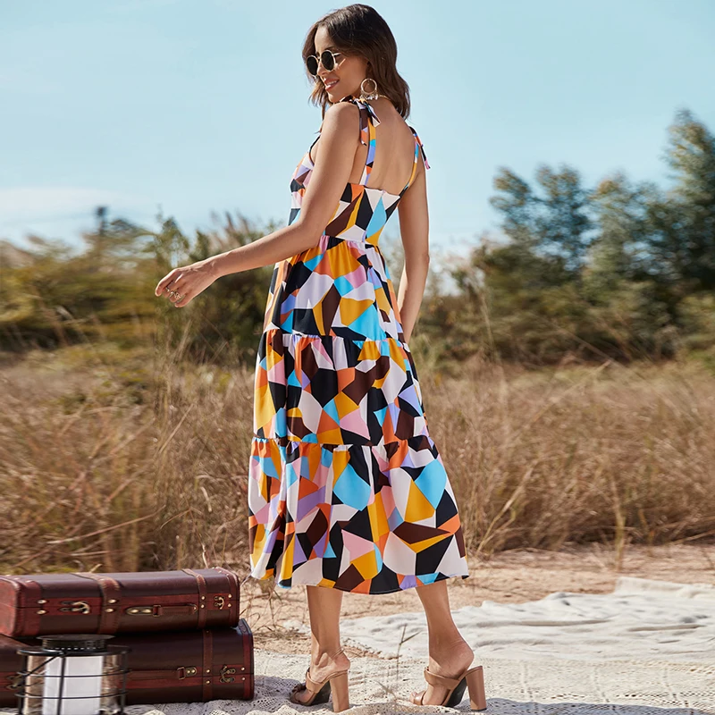 2022 Fashionable woman colorful sleeveless backless maxi dress Casual midi dress Chiffon Polyester Floral Printed Long Skirt