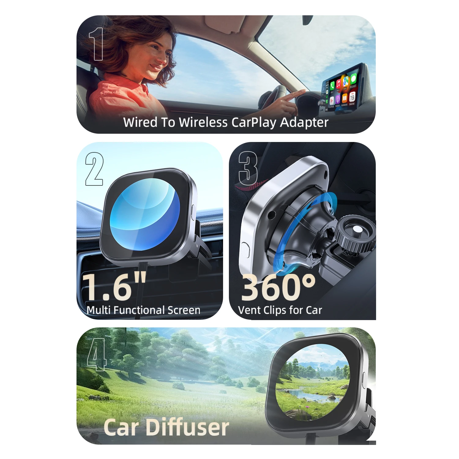 Ottocast новый дизайн карплей клип беспроводной Carplay AI Smart Box для автомобиля диффузор Цифровые Автомобильные центовые часы быстрое соединение