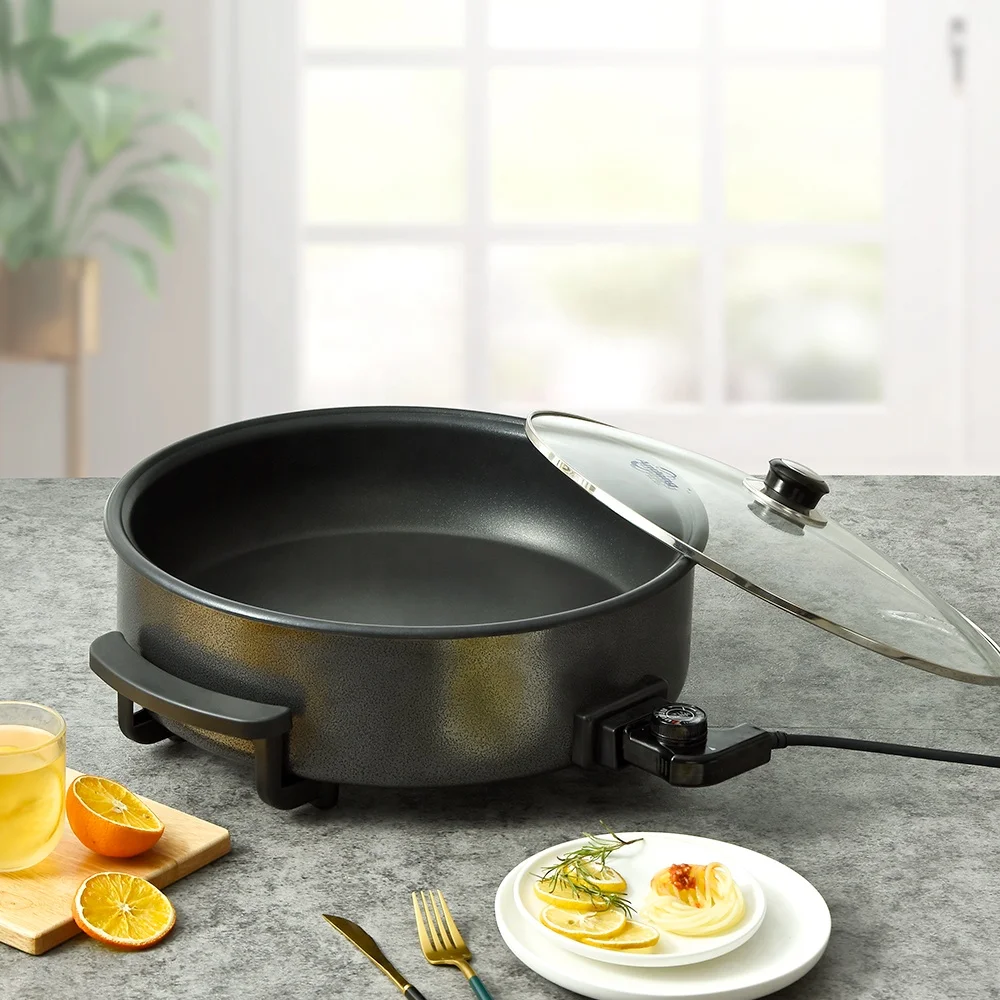 Andong 2021 popular round cast iron 1500w electric skillet with non-stick coating electric pizza maker