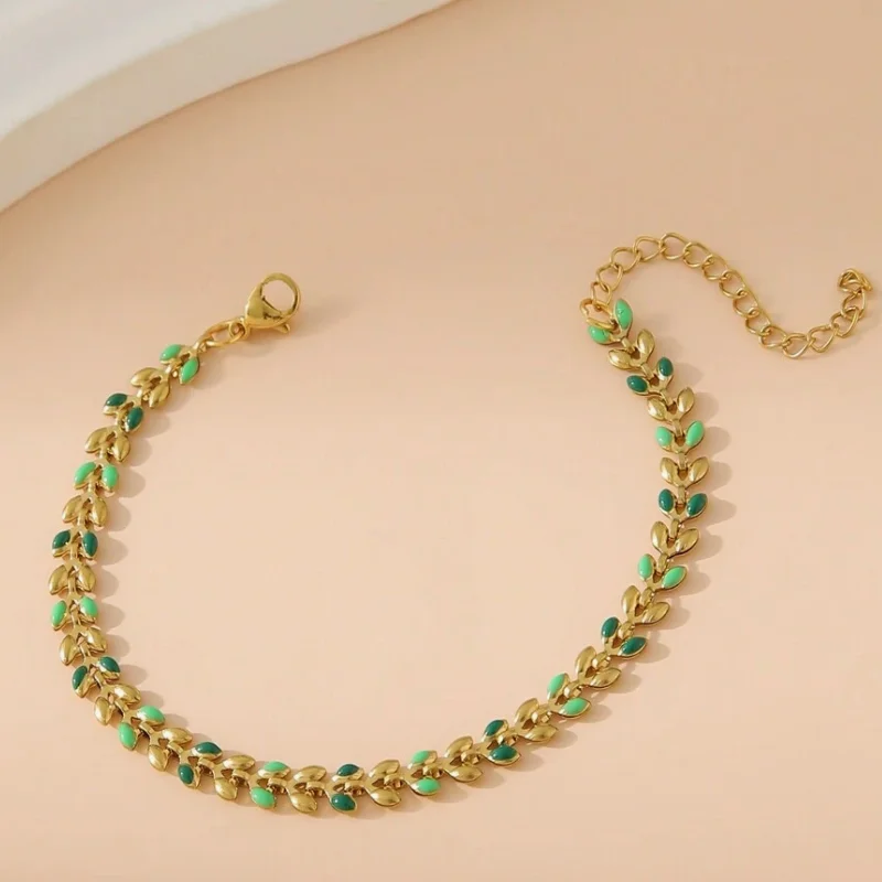 Tarnish Nickel-Free 18k Gold Fashion Jewelry Bracelet Stainless Steel Dainty Leaf Oil Drop Chain Bracelet For Women Daily Wear