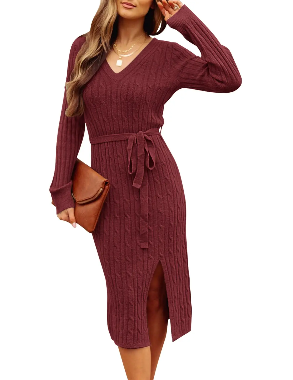 Long Sleeve V Neck Surplice Neck Twist Solid Midi Dresses Women Cable Knit