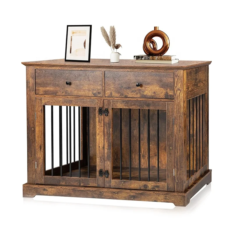 Luxury Small Dog House Indoor Pet Kennel Cage in Solid Metal and Wood Small Animal Pet Products with Animal Pattern