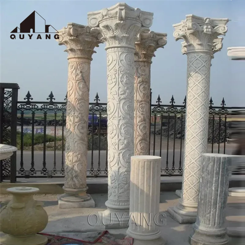 QUYANG Outdoor Park Decorative Hand Carved Natural Stone Naked Lady Statue Beige Marble Granite Gate Pillar