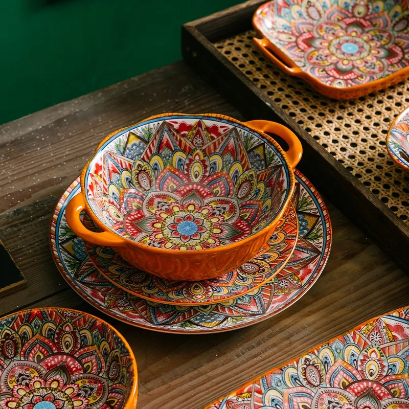 Bohemia Style Ceramic Dishes & Plates Retro Dinnerware Sets Under Glaze Porcelain Wholesale Tableware Bowls and Plates