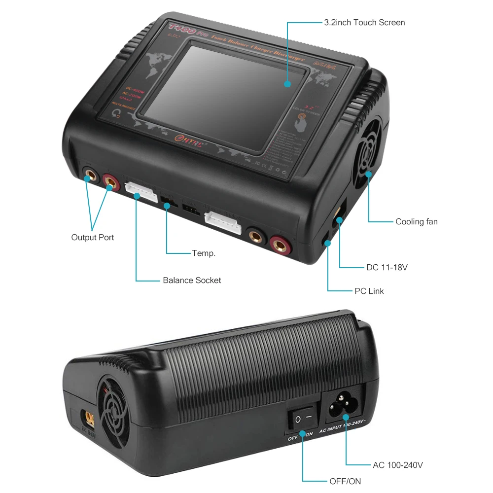 HTRC T400 DUO AC 200W  DC 400W 12A*2 RC Toy Balance charger for LiPo LiHV LiFe Lilon NiCd NiMh Pb battery