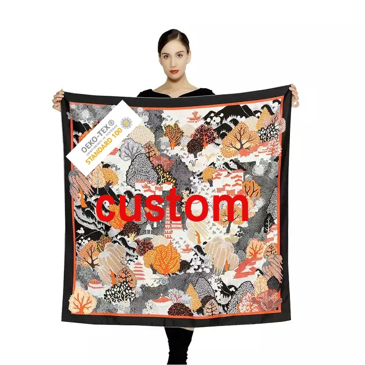 Custom 100% Silk Scarves Digital Printing Picture Service Designer Foulard En Soie Women Square Custom Silk Scarf With Logo