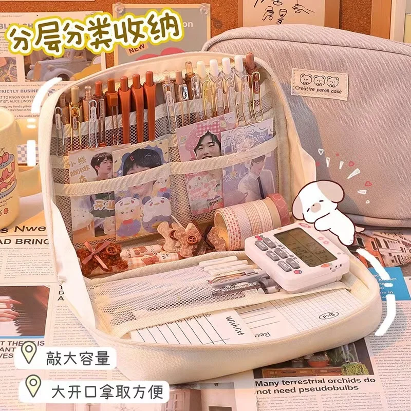 Multifunctional super large capacity students canvas pencil cases for school