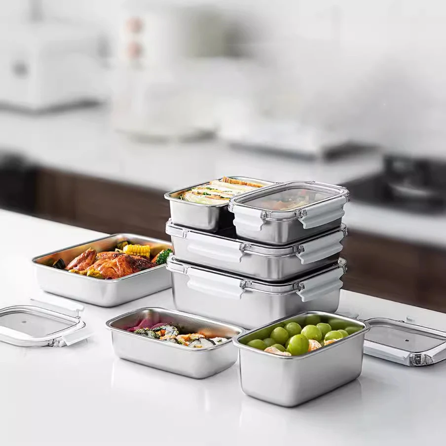 304 Stainless Steel Snap Crisper Bento Box with Sealed Lid Household Refrigerator Frozen Food Storage Container