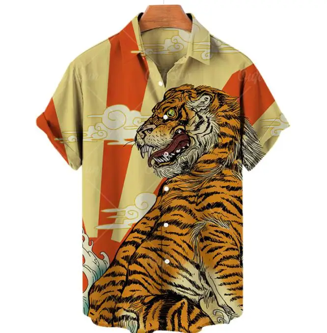 Wholesale 3D Print tiger Pattern Mens Shirts Casual Short Sleeve Summer Holiday Shirts for Men