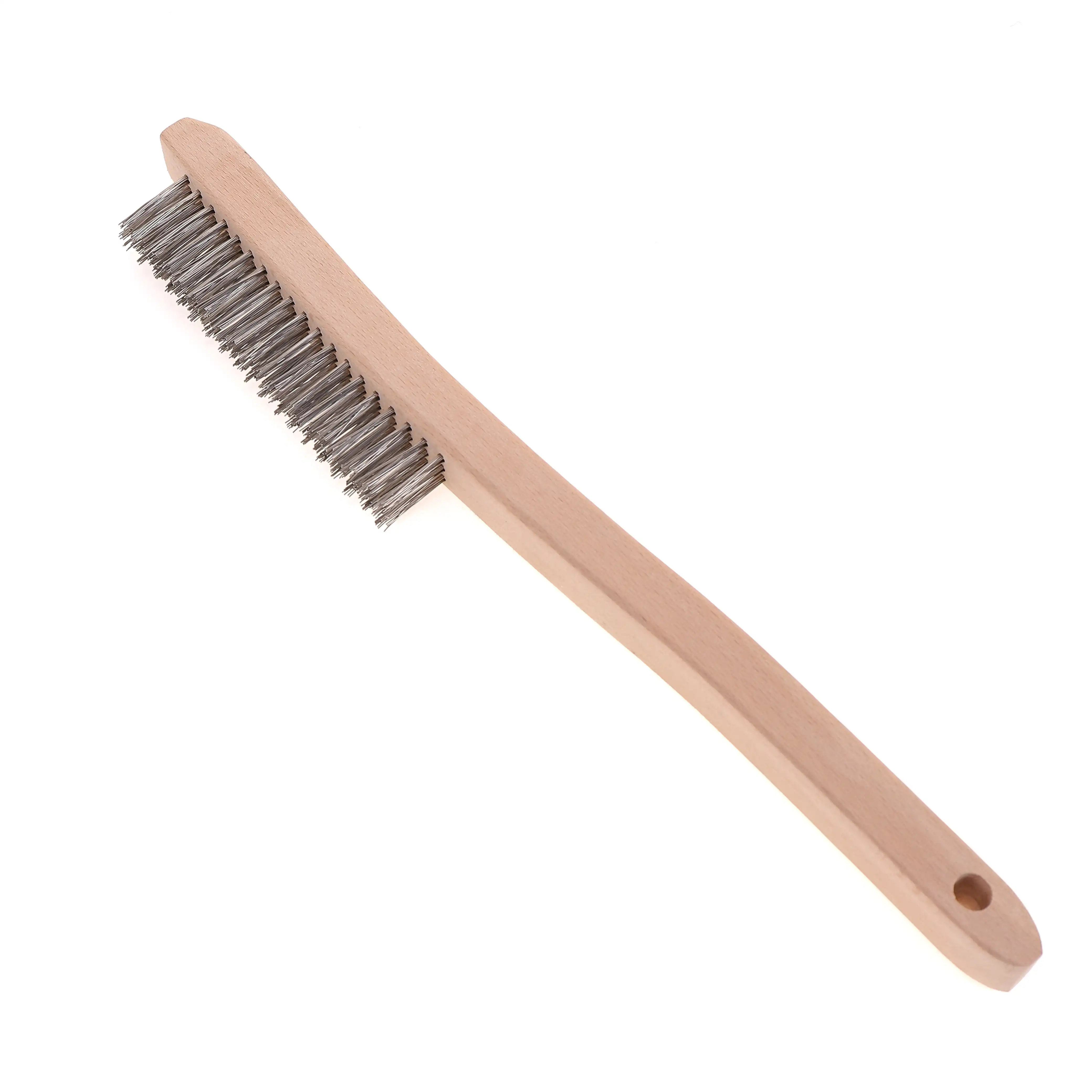 Natural custom logo wooden long handle steel wire brush cleaning metal surface wire brush with rust removal