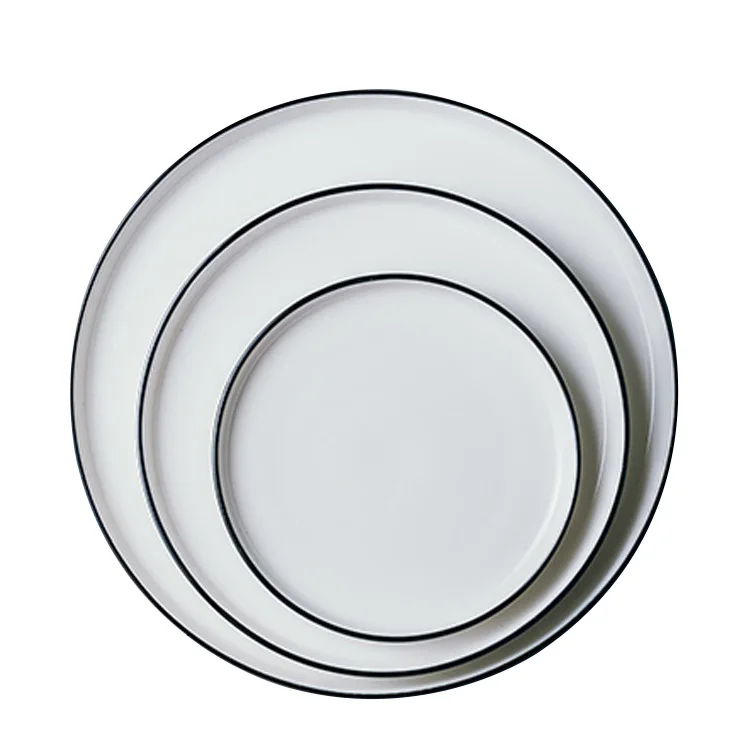 Wholesale Custom Porcelain Dinner Plate Set Round White and Black Rimmed Dishes