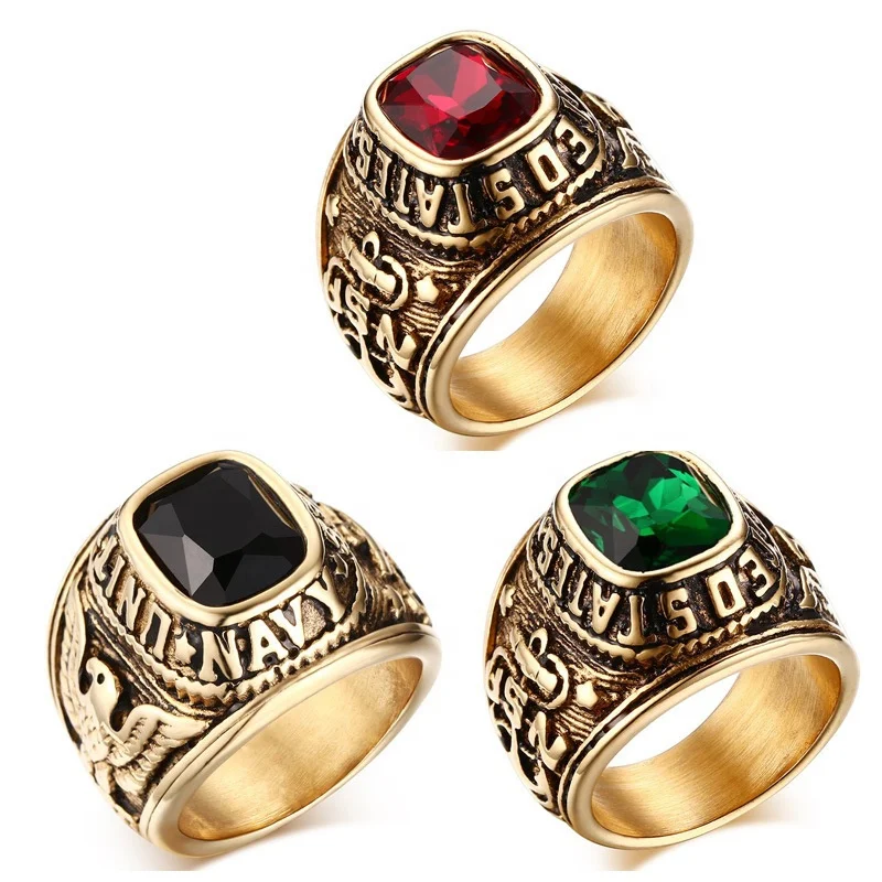 Square Black Green Red Rhinestone Inlay Us Army Navy 316 Stainless Steel Military Rings For Men