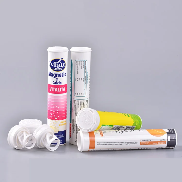 packaging plastic tube cheap empty supplement effervescent tablet bottle with desiccant spring cap vitamin C PE tubular