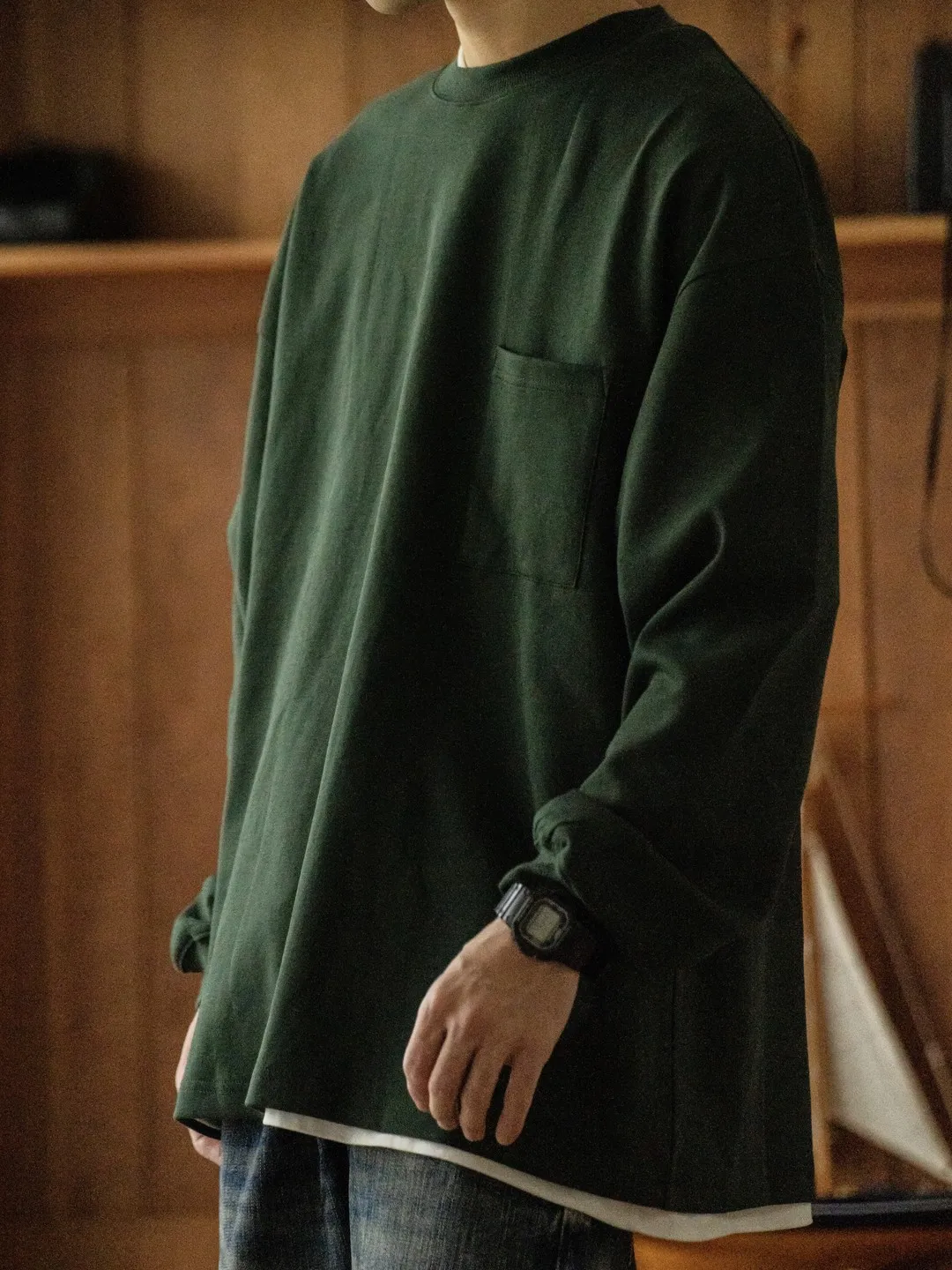 Wholesale Custom Street Off Shoulder T-shirt 320gsm Cotton Oversized Long Sleeve Tshirts With Pocket