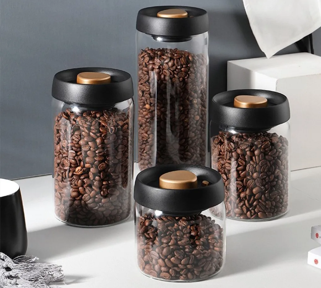 1.5L Wholesale Factory Price Custom Logo Vacuumized Glass Black Lid Sealed Clear High Borosilicate Glass Coffee Bean Storage Jar