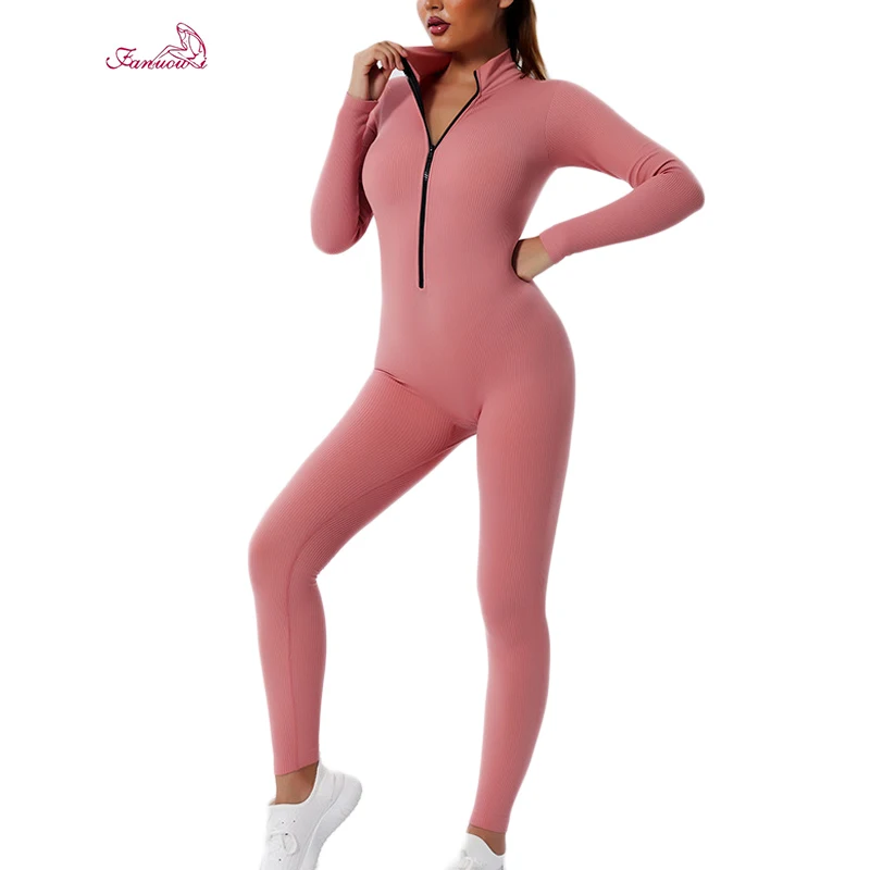 FLW 2023 Women Clothe Custom Logo One Piece Jumpsuit Solid Color Workout Jumpsuit Long Sleeve Women Bodycon Jumpsuit