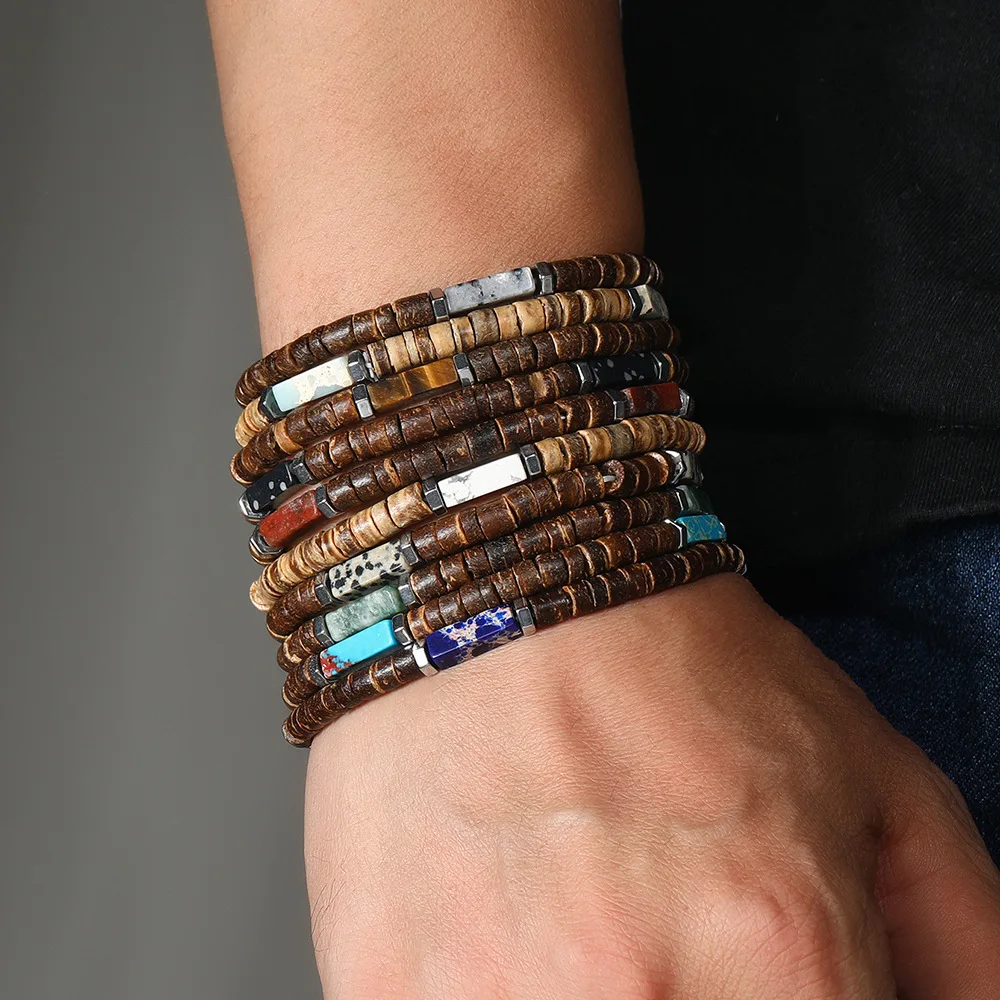 2024 bohemian summer beach style 10 different natural square stone beads brown coconut shell bracelet for men and women