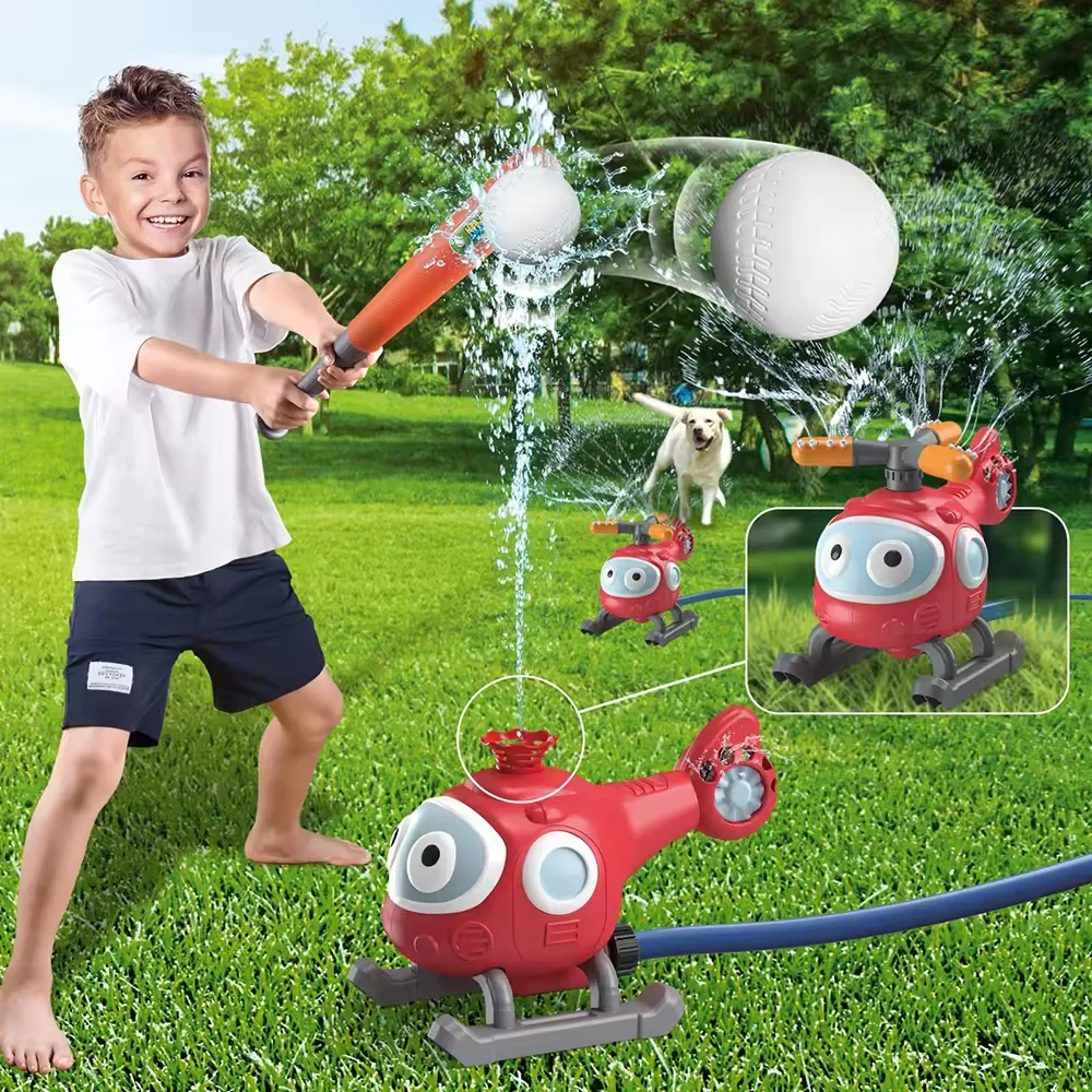 HN 2 in 1 Rotating Propellers Aircraft Water Sprinkler Toy With Baseball Splash Kids Outdoor Backyard Water Sport Toys