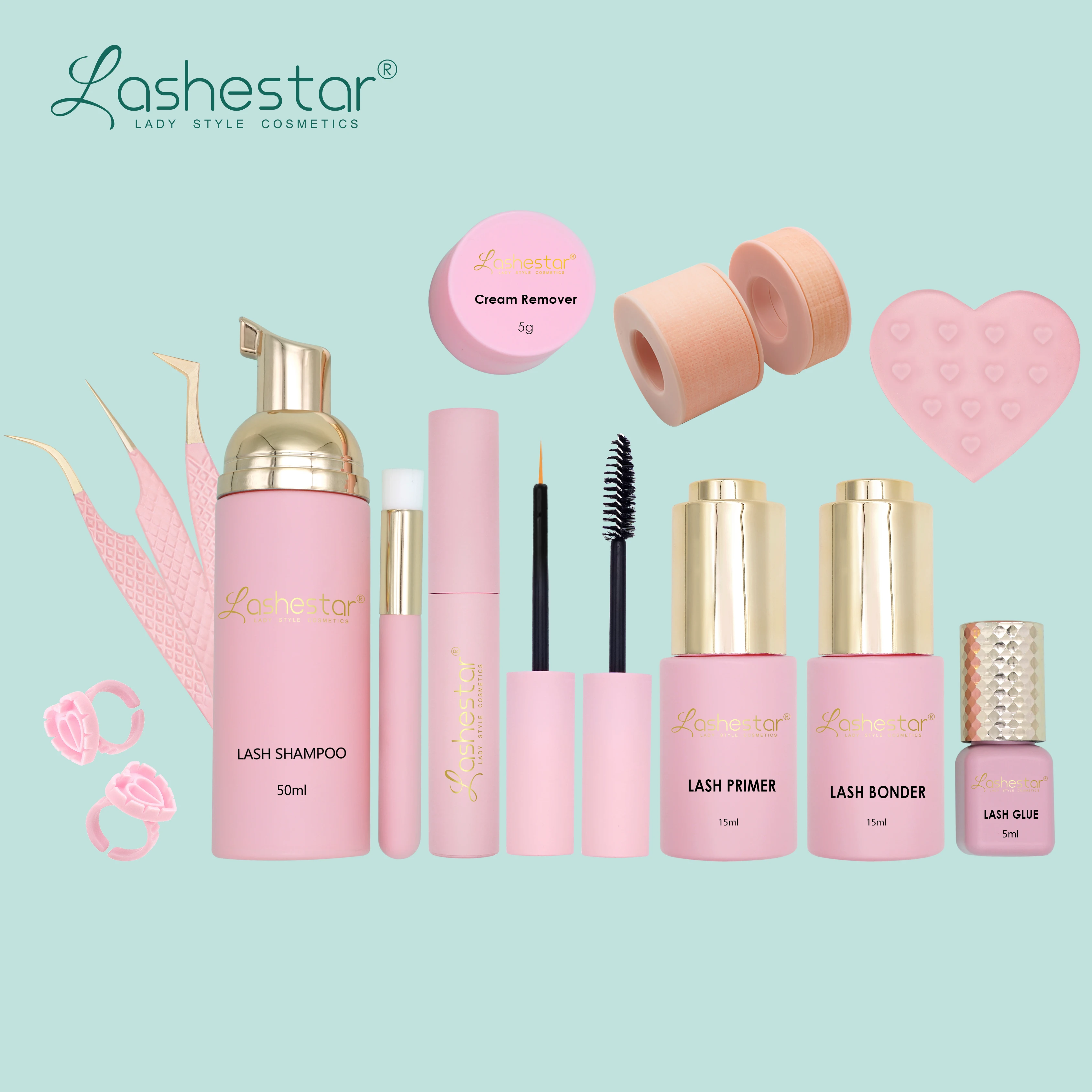 Lashestar, полностью розовый набор жидких продуктов, шампунь для ресниц, сыворотка для роста, герметик для удаления ресниц, прайдер, клей для ресниц