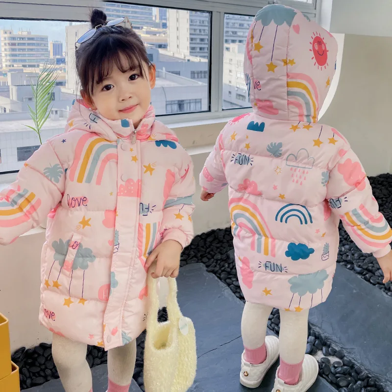 2024 New Girls Long Sleeve Rainbow Down Jacket Children Clothes Hooded Windbreaker Cotton Warm Outerwear Kids Winter Coat
