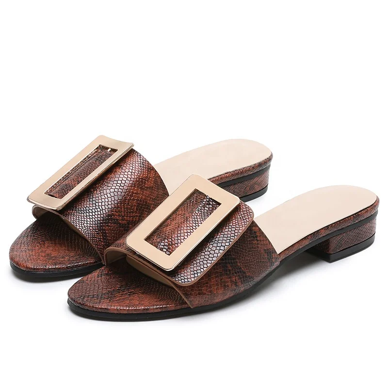 
Women Buckles Flat shoes ladies slippers Snake printed Peep Toe Slippers Hoof Heels Elegant Shoes Slippers 