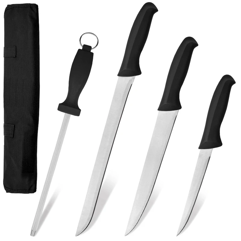 Super sharp knives 4 pcs kitchen Stainless Steel Blade Knife PP handle fish sashimi knife Sets with sharpener