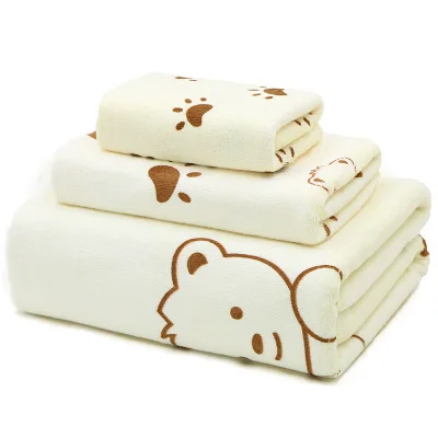Cartoon Bear Beach Bathroom Cotton Microfiber Bathroom Towel Thickened Absorbent Gift Kids Three-Piece Bath Towel Set