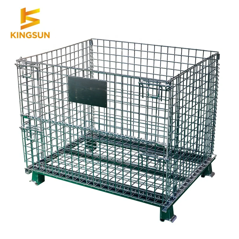 Kingsun Storage Foldable collapsible steel stackable galvanized folding wire mesh pallet wire mesh container roll cage