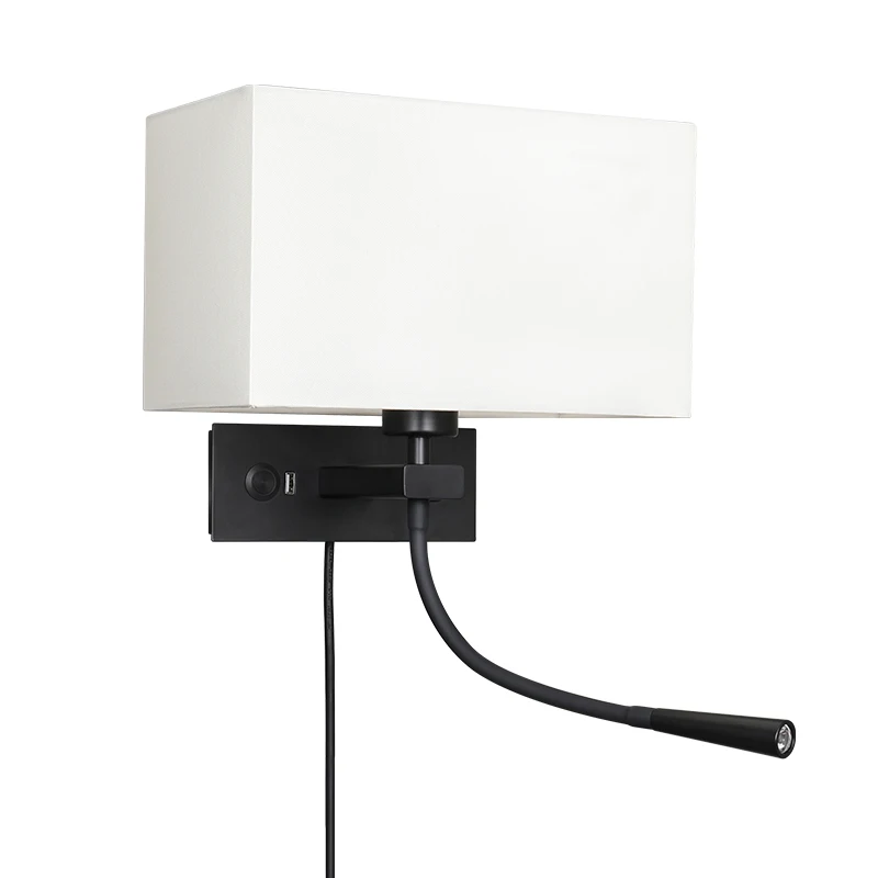 Dimmable Flexible Gooseneck Wall Mount Mounted Bedside Reading LED Light Lamp with USB Port and  double switch Cloth lampshade