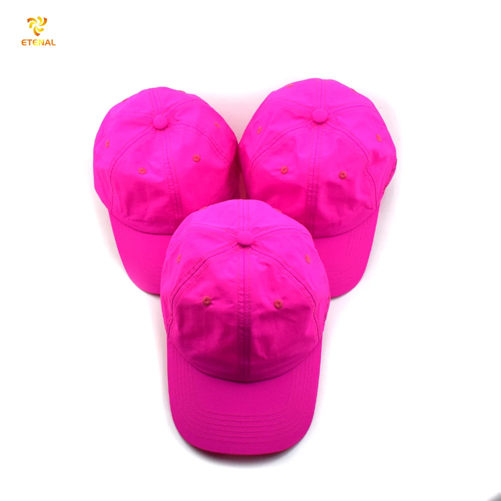Wholesale plain neon pink nylon hat unstructured 6 panel waterproof camp sports cap