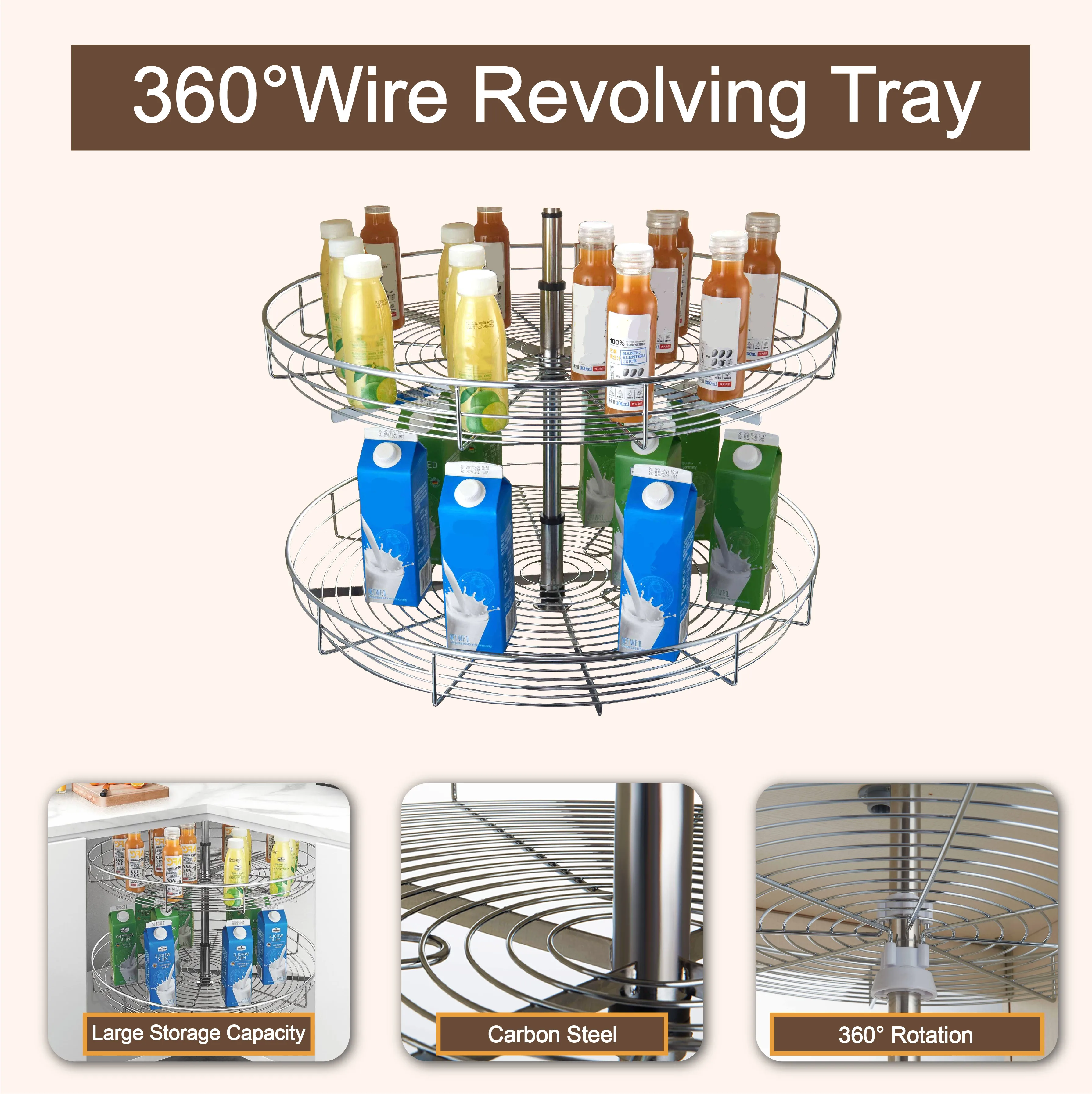 Adjustable Chrome Metal Wire Lazy Susan Spice Rack For Kitchen 360 Degree Revolving Tray Rotating Basket Cabinet Storage