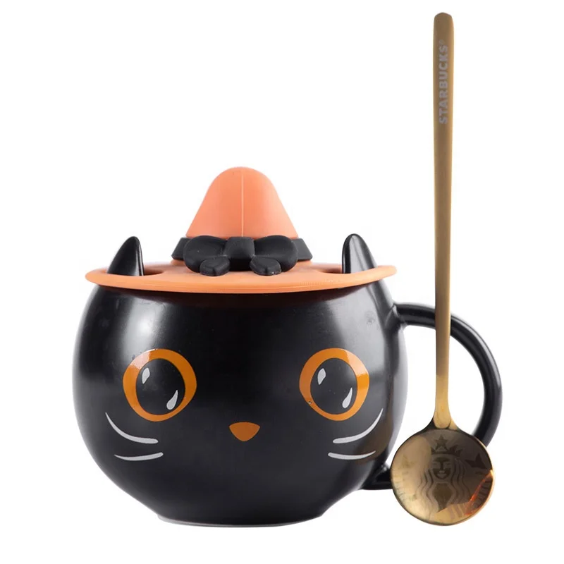 Custom Halloween Decoration Magic Hat Black Matte Mystery Cat Cup with Spoon and Lid