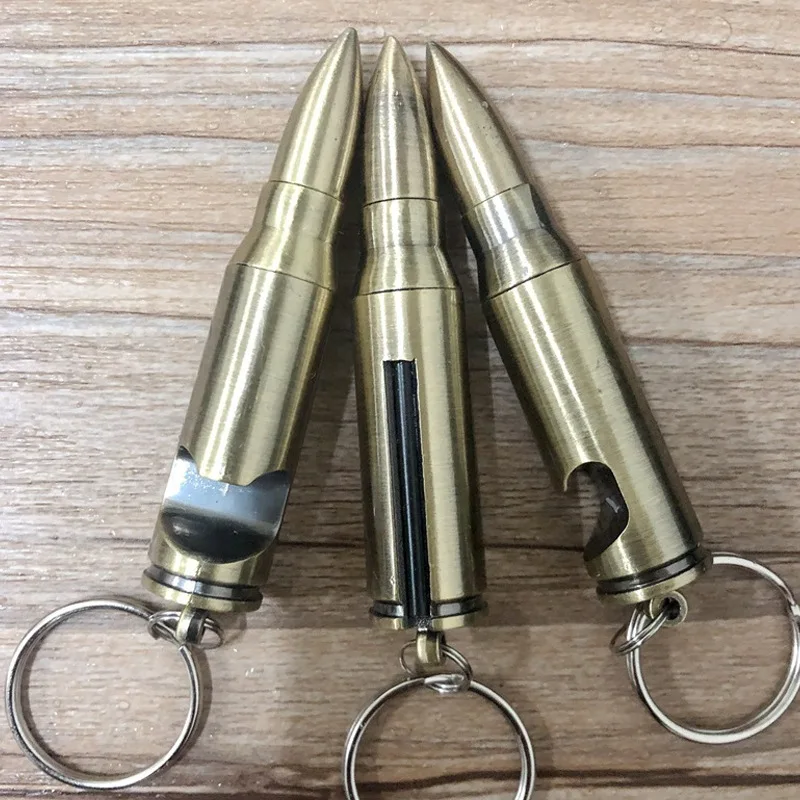 Creative bottle opener bullet key ring match lighter multi-function burning matches brass keychain with lighter can opener