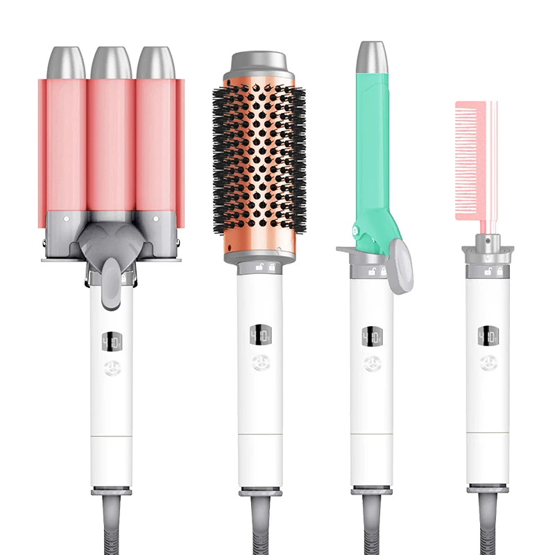 Custom Logo 4 in 1 Interchangeable Ceramic Thermal Hot Brush 3 Barrel Curling Iron Hot Comb Hair Curler Set