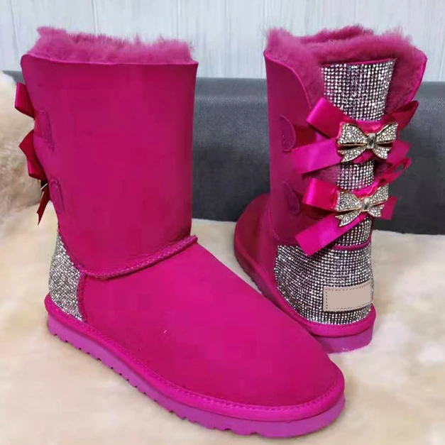 Snow Boots Wholesale Fashion Ladies Sheepskin Kids Women Winter Snow Ribbon Fur Boots With Bows 2023 Snow Boots