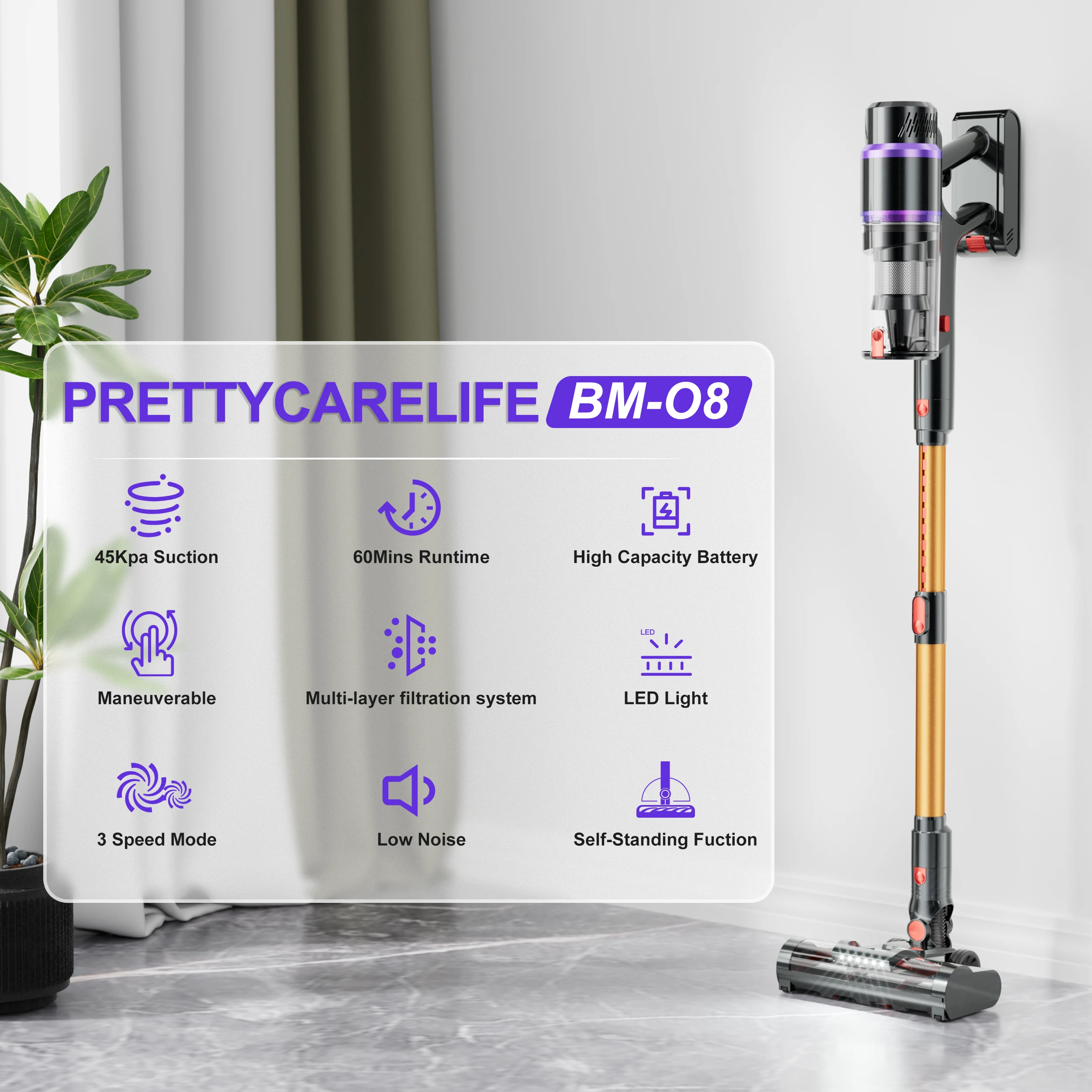 Смарт-вертикальный портативный автомобильный пылесос беспроводной PRETTYCARE BM08 45 кПа всасывающий 8 ячеек * 2500 мАч маневренный 3-скоростной режим